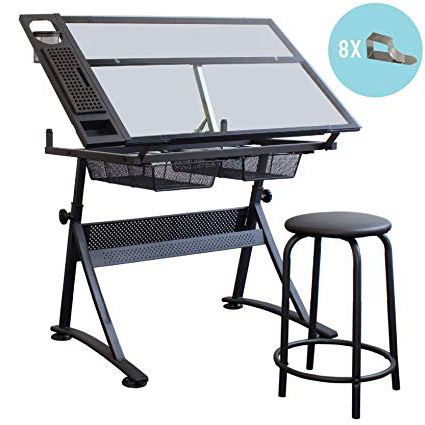 Stationery Island FOULA TP2 Mesa de Dibujo para Arte y Diseño – Mesa Dibujo Reclinable de Cristal Transparente con Almacenaje, Taburete y Clips