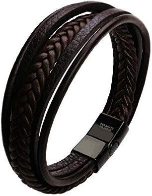 murtoo Pulsera Hombre Cuero Acero Inoxidable Cierre Magnética Negro Cuero Marrón Negro Trenzada Brazalete 20-22 cm