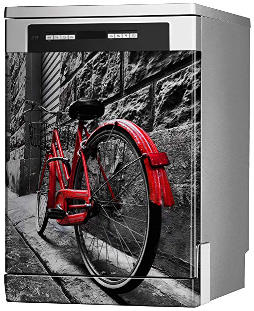 MEGADECOR Vinilo Decorativo para Lavavajillas, Medidas Estandar 67 cm x 76 cm, Bicicleta Roja Vintage Retro en la Calle de Adoquines en el Casco Antiguo