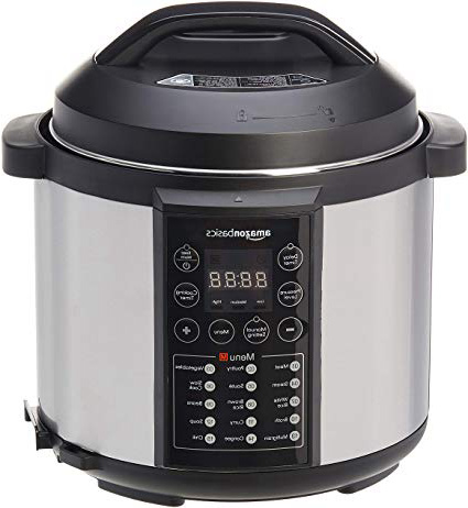 AmazonBasics - Vaporizador eléctrico multiuso 23 en 1, 5,5 l, 1000 W, acero inoxidable cepillado, incluye libro de recetas