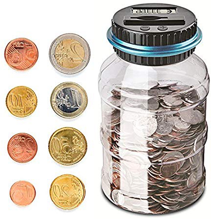 Frontoppy Contador Digital Hucha per EUR, Automático Moneda Contando Caja de Dinero para Niños y Adultos, Banco de Dinero Seguro Moneda de Ahorro de Contenedores de Pantalla LCD y Gran Capacid