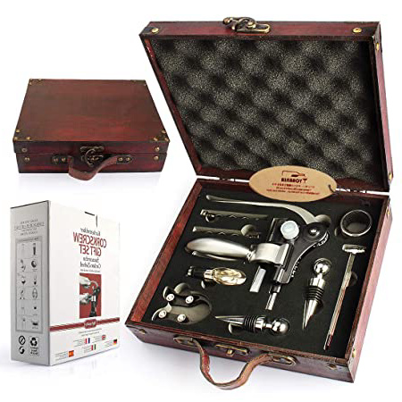 YOBANSA Caja de madera antigua accesorios para vino juego de regalo, kit de abrebotellas de vino de conejo, sacacorchos para vino, tapón de vino, vertedor de vino(9set 0A)