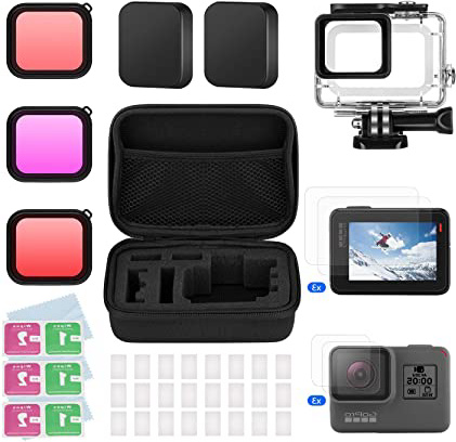 BOYISEN Kit de Accesorios para GoPro Hero 7(Negro)/6/5/Hero(2018), con Estuche Impermeable, 3 Filtros, Vidrio Templado para Pantalla y Lente, Tapas de Lentes, Inserciones Antiniebla, Estuche