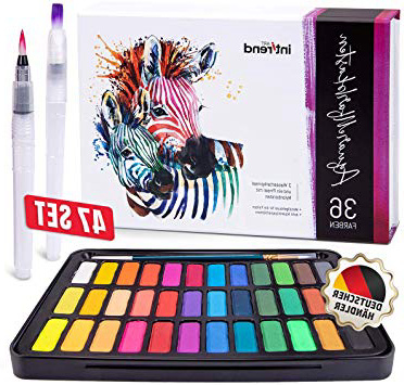 int!rend Acuarelas Profesionales | Set de Pintura de Acuarelas Compuesto por 36 Colores Brillantes, 2 Pinceles con depósito de Agua, Pincel de Nylon y 8 Hojas de Papel Especial para Acuarelas