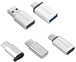 kwmobile Set de 5 adaptadores USB - Adaptador para Carga y Datos - Micro USB a USB C/USB C a Micro USB y USB A 3.0 / USB A 3.0 a USB C - En Plateado
