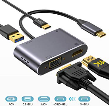 Adaptador USB-VGA, 4 en 1 Hub USB C, HDMI 4K, 1080P VGA, USB 3.0 y PD 3.0, para Nintendo Switch, MacBook/Macbook Pro/Galaxy Note 9/ S9/ S8/ Huawei P20, Otros USB C Dispositivos etc