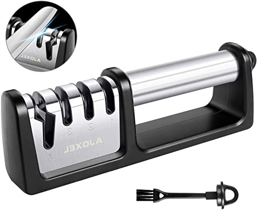 AJOXEL Afilador de Cuchillos, 4 en 1 Afilador Cuchillos Profesional, 4 Etapas Knife Sharpener Afiladores Manuales Base de Acero Inoxidable Antideslizante Arcos Afilador, para Cuchillos y Tijeras