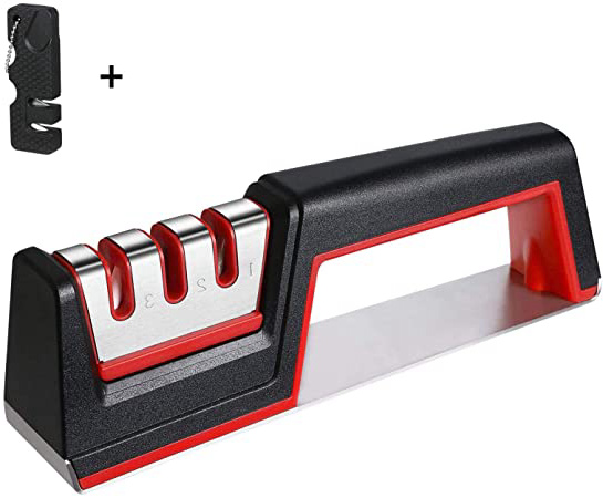 flintronic Afilador de Cuchillos, Afilador de Cuchillos Manual de 3 Etapas, Base de Acero Inoxidable Antideslizante para Kinfe de Cocina, para Cuchillo Santoku, Tijeras (Incluye 1 Pequeño Afilador)