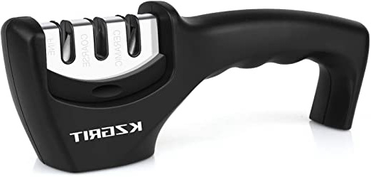 KZGRIT Afilador de Cuchillos, Ayuda a Reparar, Restaurar y Pulir Cuchillas, Afiladores Manuales Profesional de 3 Etapas con Mango Ergonómico & Base Antideslizante (Negro)