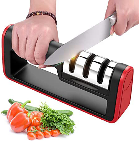 BYETOO Afilador de Cuchillos de Cocina, Herramienta Manual de Afilado de Cuchillas de 3 Etapas, con Base Antideslizante, Varilla de Cerámica, Varilla de Diamante, Hoja de Acero de Tungsteno