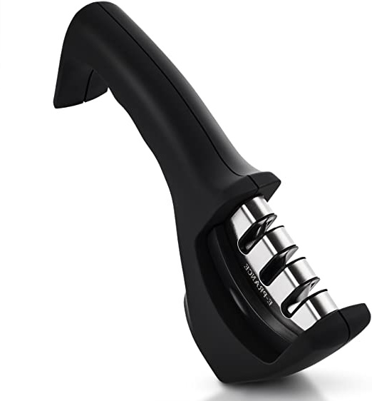 E-PRANCE Afilador de Cuchillos con 3 Etapas Afiladores con el Mango Corto: Esmeril, Acero de Tungsteno, para Afilar Navajas para Afilar Cuchillos Rectos de Embotados Muy Afilados (Negro)