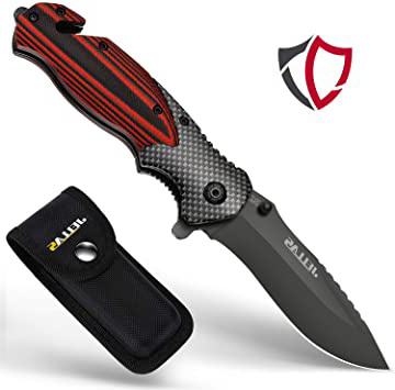 Jellas Cuchillo Plegable Supervivencia, Navaja Táctica con Punta Rompevidrio y Cutter Cinturón, 7Cr17 Acero Inoxidable con Hoja Recubierta de Titanio, Mango de Aluminio+G10, para Acampar, Picnic, Caza