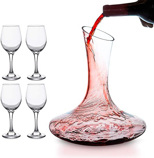 Mafiti Decantador de vino con copas incluídas (cuatro copas de cristal). Jarra conservadora de vino tinto - Regalo ideal enotecas - Accesorio para regalar a los amantes del vino