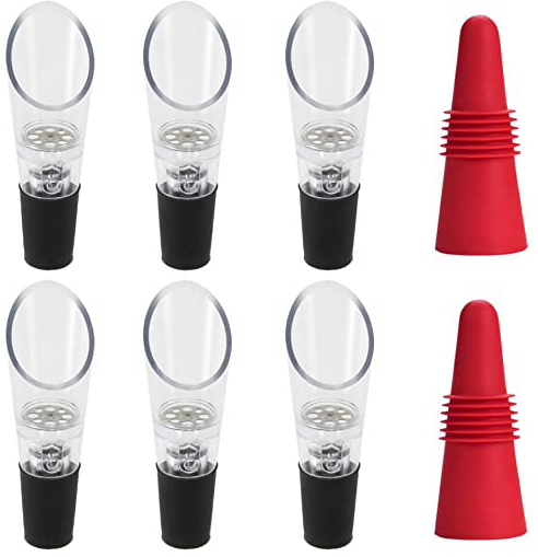 6 piezas aireadores de vino vertedores con 2 tapones de vino, FineGood decantador aireador de vino sin fugas, con tapones de silicona reutilizables para botellas