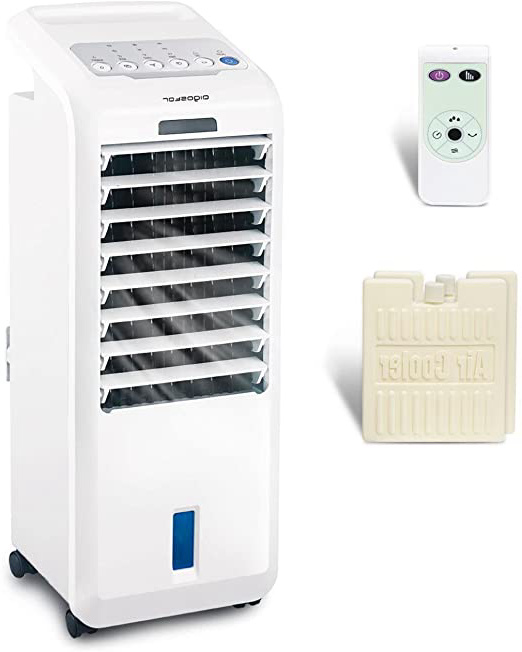 Aigostar Koud 33JTL - Climatizador evaporativo con mando a distancia, 55W, oscilante, 3 modos y 3 velocidades, temporizador 7 h, humidificador de aire, 2 cajas hielo, depósito 5 l. Diseño exclusivo