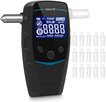 Drivaid Alcoholimetro Digital Homologado, Recargable Portatil Alcoholímetro con Martillo de Seguridad, Pantalla LCD, Sensor Semiconductor, Alta Precisión, Batería de Litio(16 Boquillas)