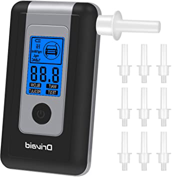 Drivaid Alcoholimetro Electroquimico, Profesional Sensores Electroquímicos Digitales Alcohol con Pantalla LCD, 10 Boquillas y 3 Pilas AAA