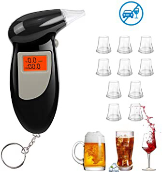 Redmoo Alcoholimetros, Probador de Alcohol Portátil con Pantalla LCD Sensor de Semiconductores, Profesional Alcoholímetro Digital con 10 Boquillas
