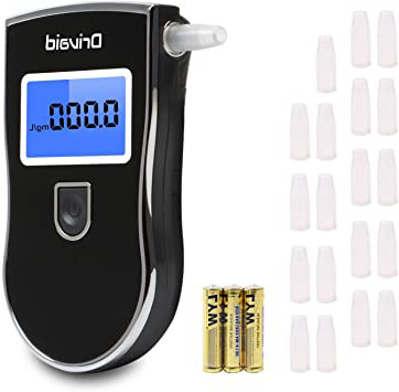 Drivaid Alcoholimetro Digital Homologado, Profesional Portátil de Alcohol con Pantalla LCD,Semi-Conductor de la Tecnología de Sensor,20 Boquillas, 3 baterías AAA