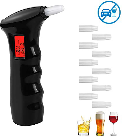 Redmoo Alcoholimetros, Probador de Alcohol Portátil con Pantalla LCD Sensor de Semiconductores, Profesional Alcoholímetro Digital con 10 Boquillas