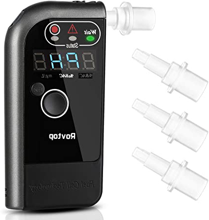 Rovtop Alcoholímetro Digital Profesional con Pantalla LCD Incluye 4 Boquillas Desechables - Alcoholímetro Electroquímico Respiratorio de Recargable con Sensor Digital y Probador de Alcohol (Negro)
