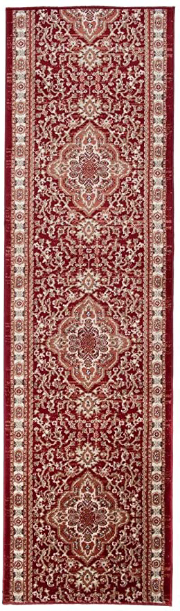 Tapiso Colorado Alfombra de Pasillo Entrada Cocina Escalera Diseño Tradicional Rojo Crema Flores Hojas 80 x 390 cm