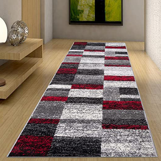 Alfombra De Pasillo Moderna Colección Twist - Color Antracita Gris Rojo De Diseño Cuadrado - Mejor Calidad - Diferentes Dimensiones S-XXXL 80 x 150 cm