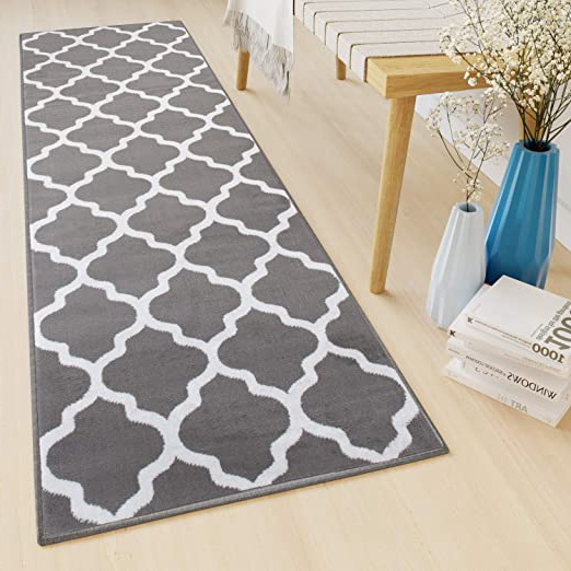 Tapiso Luxury Alfombra de Pasillo Cocina Escalera Diseño Moderno Blanco Gris Marroquí Geométrico Pelo Corto 80 x 250 cm