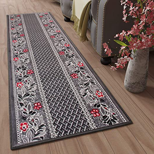 Tapiso Dream Alfombra de Pasillo Cocina Escalera Diseño Moderno Gris Rojo Crema Flores Hojas Geométrico Fina 70 x 250 cm