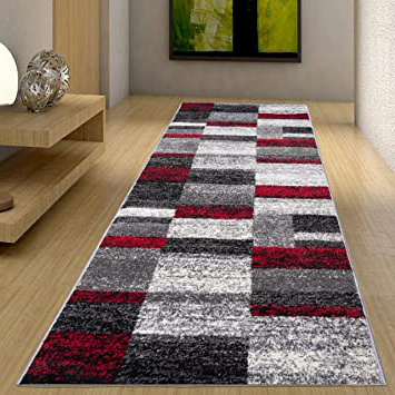 Alfombra De Pasillo Moderna Colección Twist - Color Antracita Gris Rojo De Diseño Cuadrado - Mejor Calidad - Diferentes Dimensiones S-XXXL 80 x 150 cm