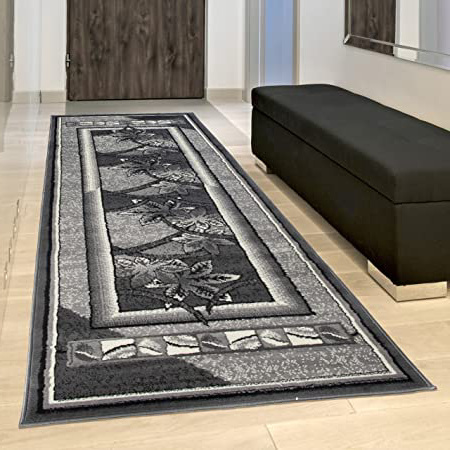 Tapiso Alfombra De Pasillo Moderna Fina - Color Gris Negro Diseño Bordatura Flores - Colección Fiesta 100 x 300 cm