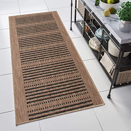 Tapiso Floorlux Alfombra de Pasillo Cocina Comedor Terraza Diseño Moderno Café Negro Rayas Resistente Sisal 80 x 280 cm