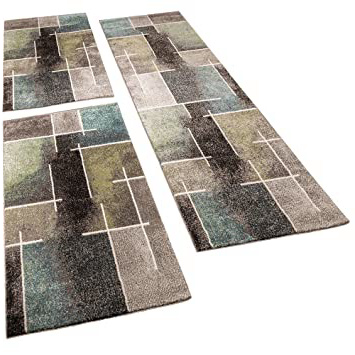 Alfombras De Pasillo Diseño Moderno Multicolor Gris Turquesa Verde Kit 3 Piezas, tamaño:2X 70x140 1x 70x250