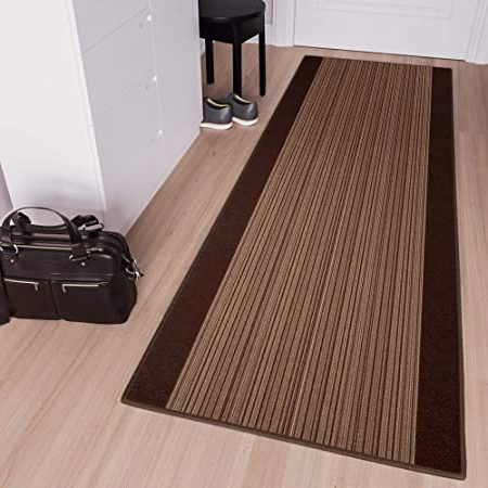 Tapiso Antideslizante Alfombra de Pasillo Cocina Entrada Diseño Moderno Marrón Líneas Pelo Corto a Metros 80 x 220 cm