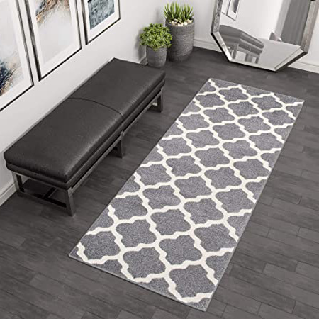 Tapiso Alfombra De Pasillo Moderna Colección Marroquí – Color Gris Diseño Geométrico Celosía Enrejado Celosía Tréboles – Varias Medidas 70 x 300 cm