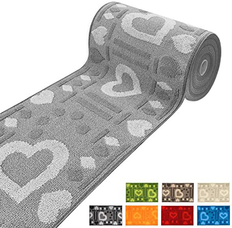 Mod. Clelia - Alfombra de cocina de corazones, por metro, altura de 57 cm, ribeteada, con tejido 3D y parte trasera antideslizante