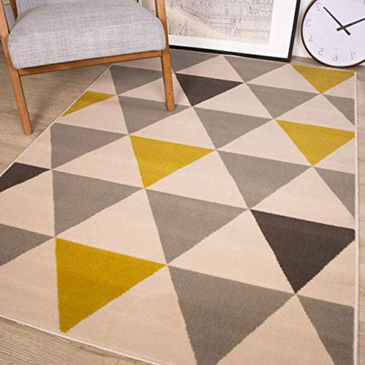 The Rug House Milan Ocre Amarillo Mostaza Gris Beige con triángulos arlequín Tradicional Alfombra de salón 120cm x 170cm