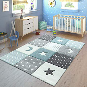 Paco Home Alfombra Infantil Pastel Cuadros Puntos Corazones Estrellas Blanco Gris Azul, tamaño:80x150 cm