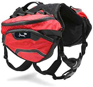 PETTOM Alforja de Perro Mochila de Carga, Impermeable y Transpirable para Camping, Entrenamiento, Color Rojo y Negro (M/L)