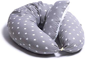 Niimo Almohada Embarazo y Cojin Lactancia Bebe + Soft Cojìn Dormir y Abrazar Funda Cojines 100% Algodon Desenfundable y Lavable (Gris-Estrella Blanca)