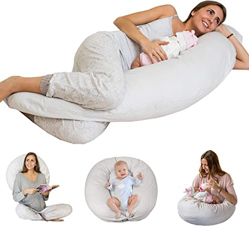 Bamibi® Almohada Embarazada + Cojín Interno Multifuncional, Cojín Lactancia Bebé, Cama Nido Bebé. Fundas 100% Algodón, Relleno 100% Poliéster. Protector Cuna, Lavable. Rayas