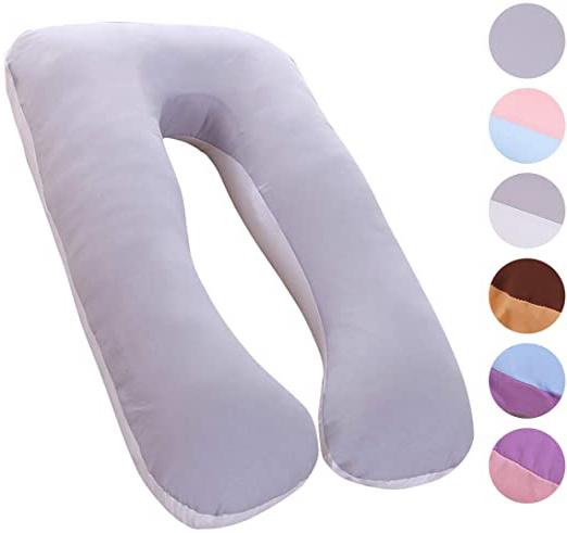 Almohada de embarazo, incluye funda de almohada de algodón, almohadas de maternidad para mujeres embarazadas con forma de U, funda de almohada desmontable y lavable, 70 x 145 cm (Gris + blanco)