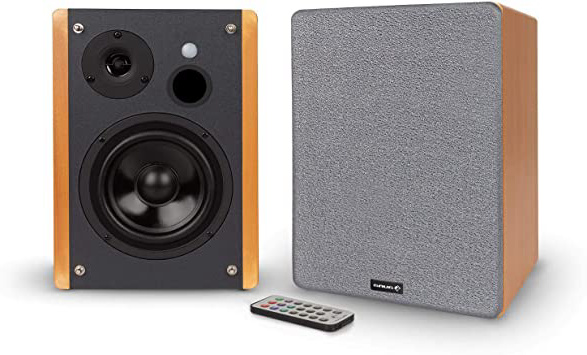 auna Linie 400 A Altavoz de Estante - Pareja de Altavoces Activos, Potencia: 2 x 40 W MAX. / 2 x 20 W RMS, subwoofer de 4", Tweeter: 1", Bluetooth, Puerto USB y SD para MP3, estética de Madera, Negro