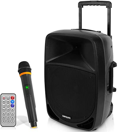 Pyle PSBT125A Altavoz autoamplificado Karaoke portátil con batería Woofer 12' Bluetooth y micrófono inalámbrico