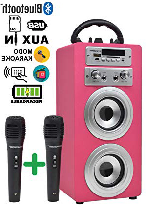 DYNASONIC - Altavoz Bluetooth con Karaoke 2 Micrófonos Radio y Lector USB SD, Color Rosa | Altavoz Inalámbrico Karaoke