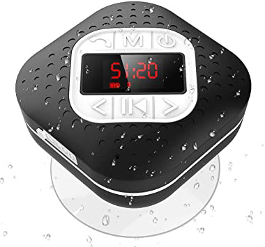 Altavoz Bluetooth Ducha Impermeable con Ventosa Extraíble, AGPTEK Radio Ducha Portátil con Pantalla Funciones de Radio FM, Manos Libre, Microfono, Reloj ect, Negro