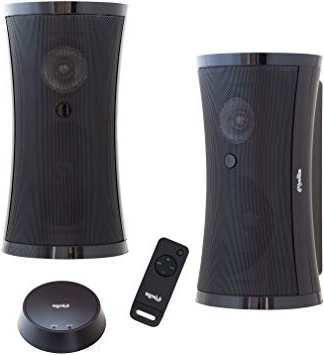 Altavoces inalámbricos exclusivos con Mando a Distancia y Sonido estéreo Envolvente (2 x 5 W RMS / 100 W PMPO/Plug&Play / IPX3 / 100 m de Alcance) para Interior y Exterior/sin Cables