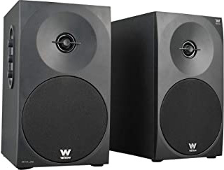 Woxter DL-410 - Altavoces estéreo 2.0 (autoamplificados con 150W de potencia, madera, woofer de 4", 2 Tweeter, 3.5 mm, RCA, bass réflex, control de volumen, agudos y graves), negro