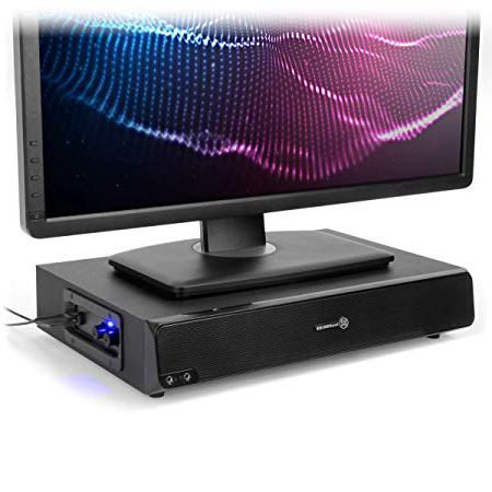 Soporte de Monitor y Altavoz para Ordenador 2 en 1 con alimentación USB por GOgroove - SonaVERSE BSE Sound Base de Pantalla con subwoofer Activo, Jacks para micrófono y Auriculares