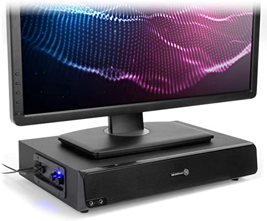 Soporte de Monitor y Altavoz para Ordenador 2 en 1 con alimentación USB por GOgroove - SonaVERSE BSE Sound Base de Pantalla con subwoofer Activo, Jacks para micrófono y Auriculares